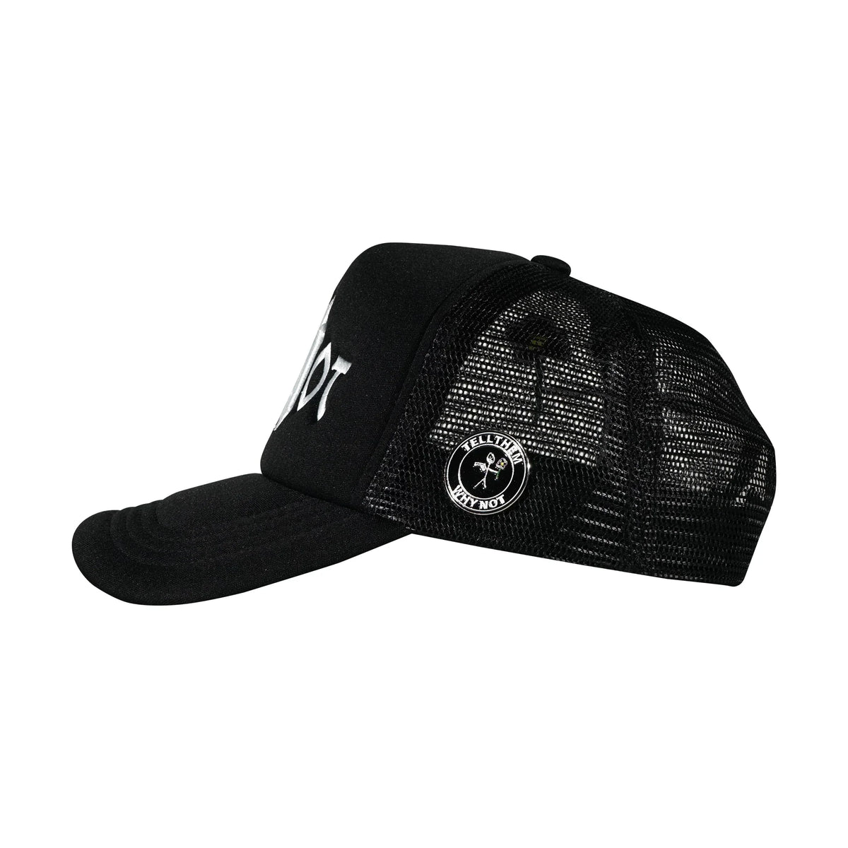 Black Whynot NY typography trucker cap left side view with pins