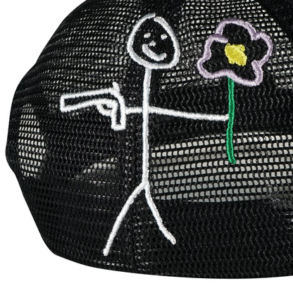 Black Whynot NY typography trucker embroidered logo right side detail 