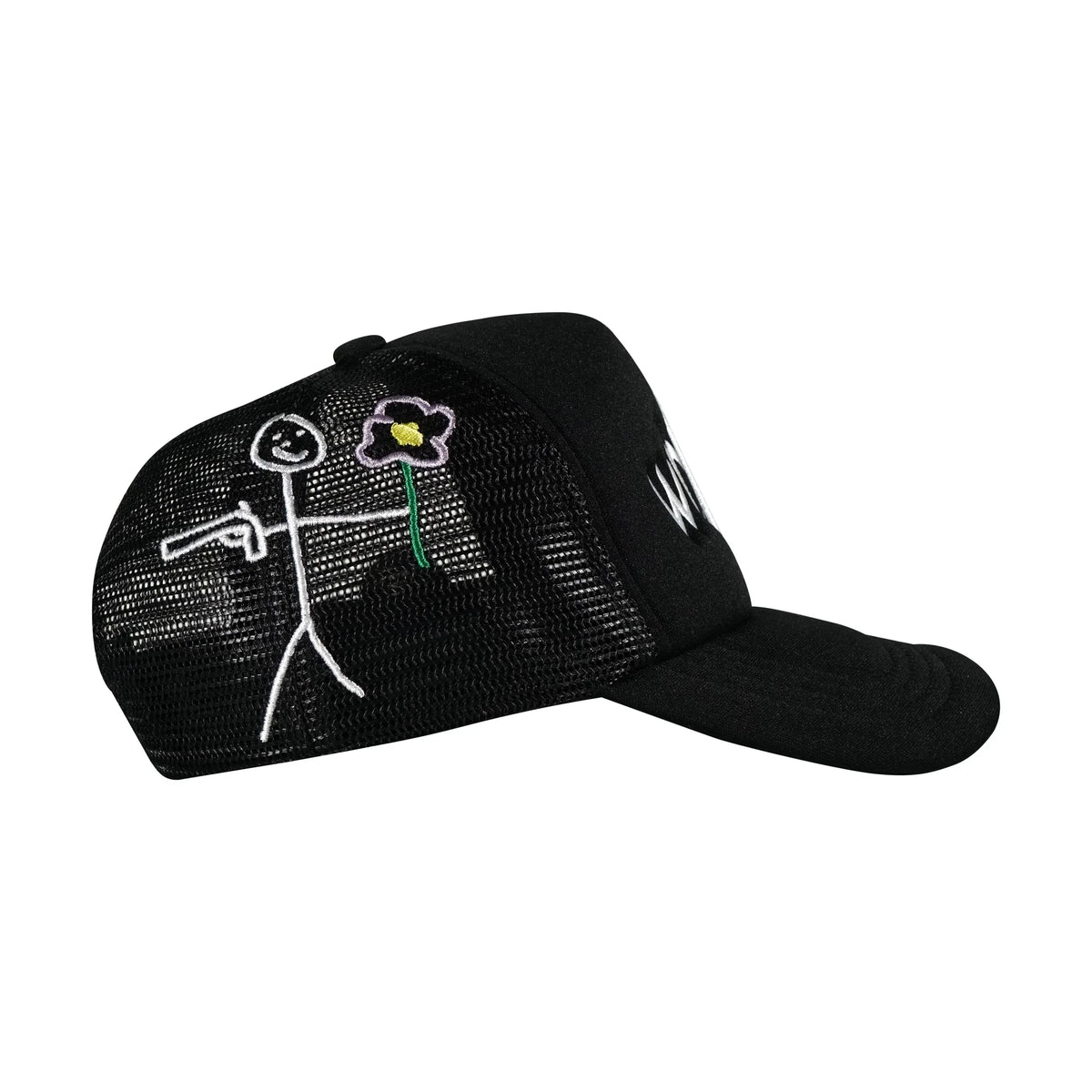 Black Whynot NY typography trucker cap right side view with stickman embroidery