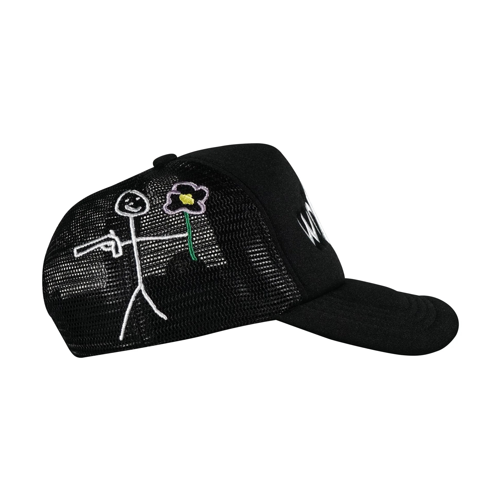 Black Whynot NY typography trucker cap right side view with stickman embroidery