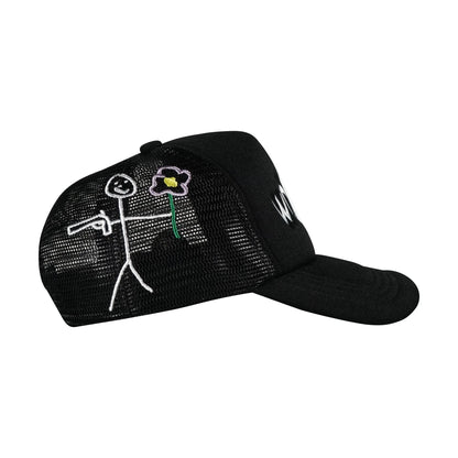 Black Whynot NY typography trucker cap right side view with stickman embroidery