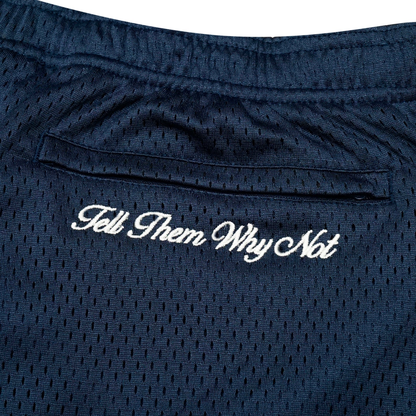 Navy blue mesh stickman shorts back embroidery close-up - Tell Them Why Not