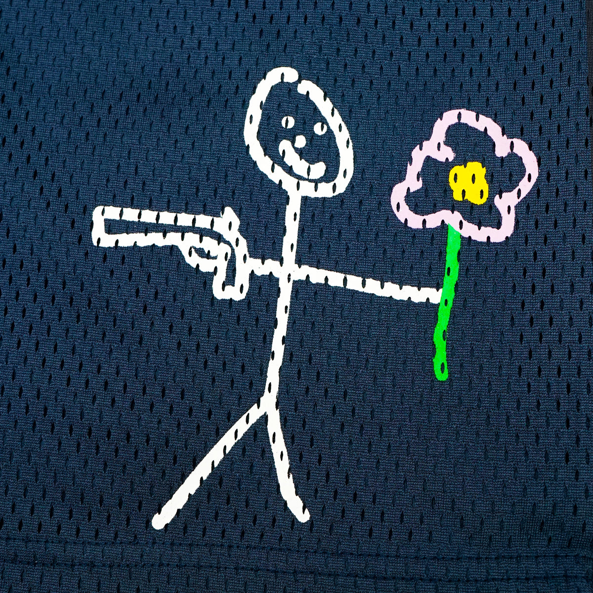 Navy blue mesh stickman shorts front screen printing close-up - Tell Them Why Not 