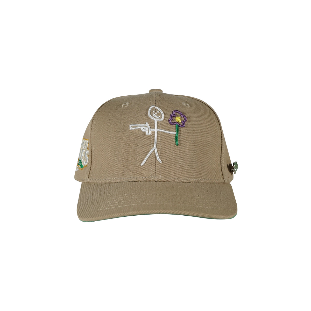 Camel snapback cap with embroidered stickman gun and flower logo front view - tell them why not