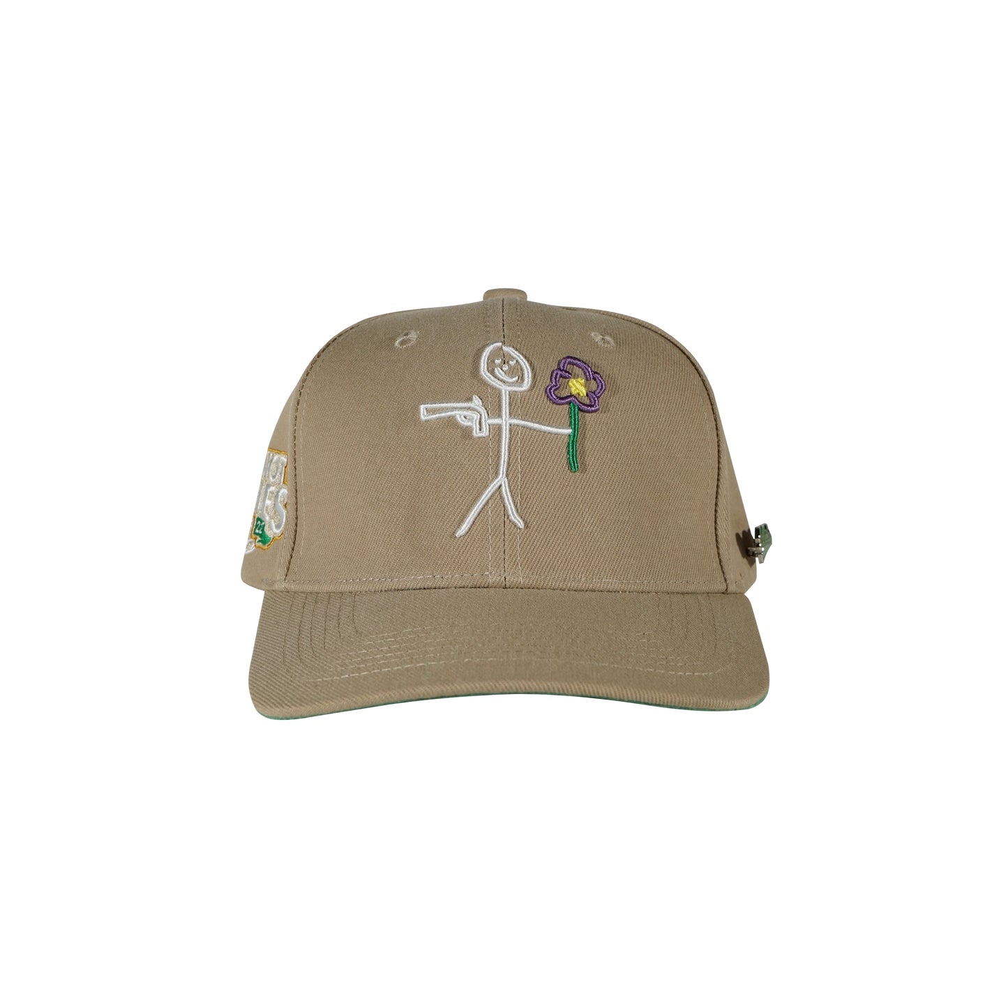 Camel snapback cap with embroidered stickman gun and flower logo front view - tell them why not