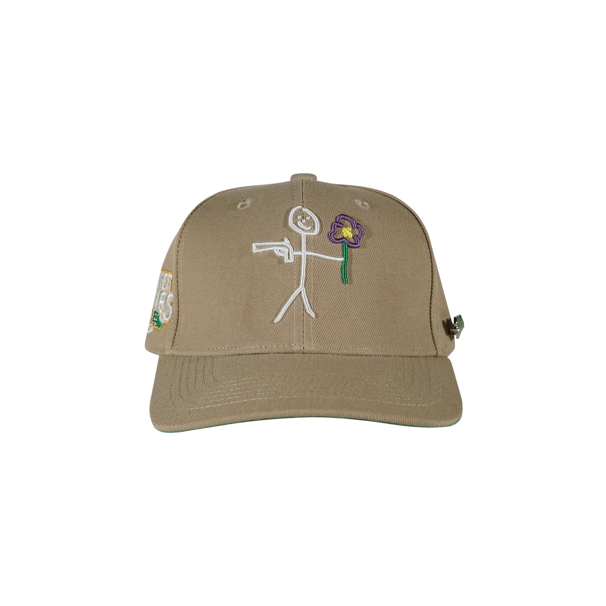 Camel snapback cap with embroidered stickman gun and flower logo front view - tell them why not
