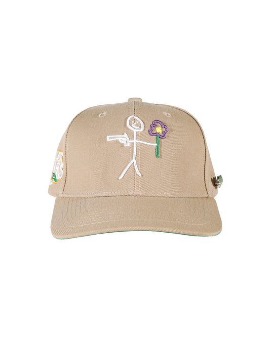 Camel snapback cap with embroidered stickman gun and flower logo front view - tell them why not