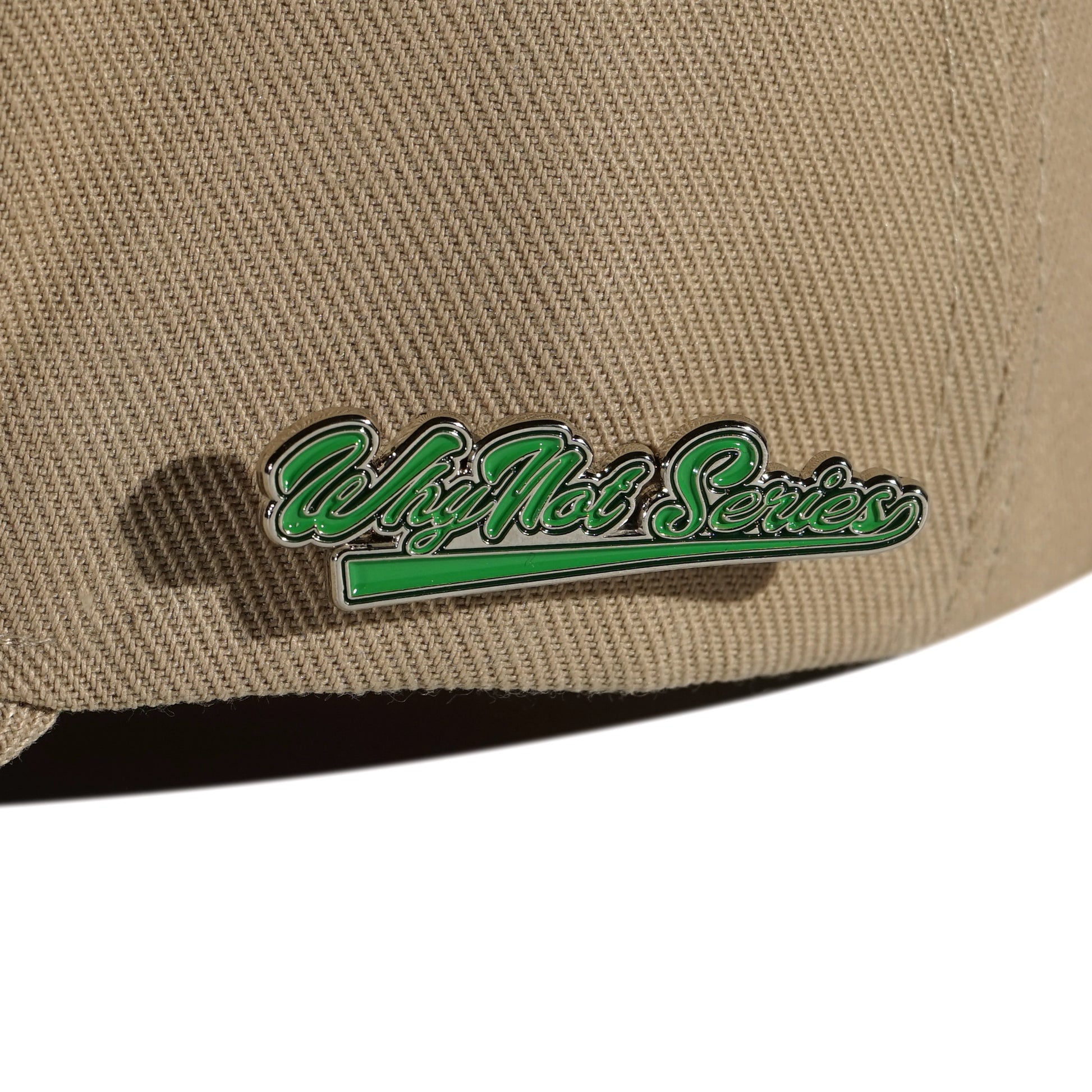 Whynot Series metal pins detail on camel snapback cap - tell them why not