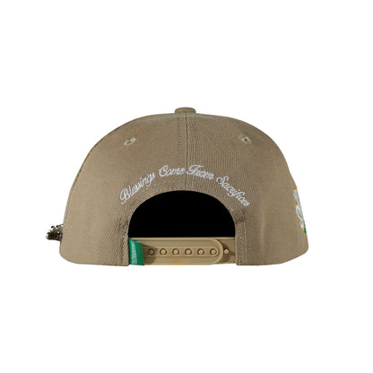 Camel snapback cap with Whynot Series back view - tell them why not