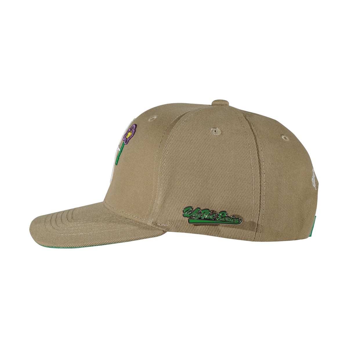 Camel snapback cap left side view with Whynot Series pins - tell them why not