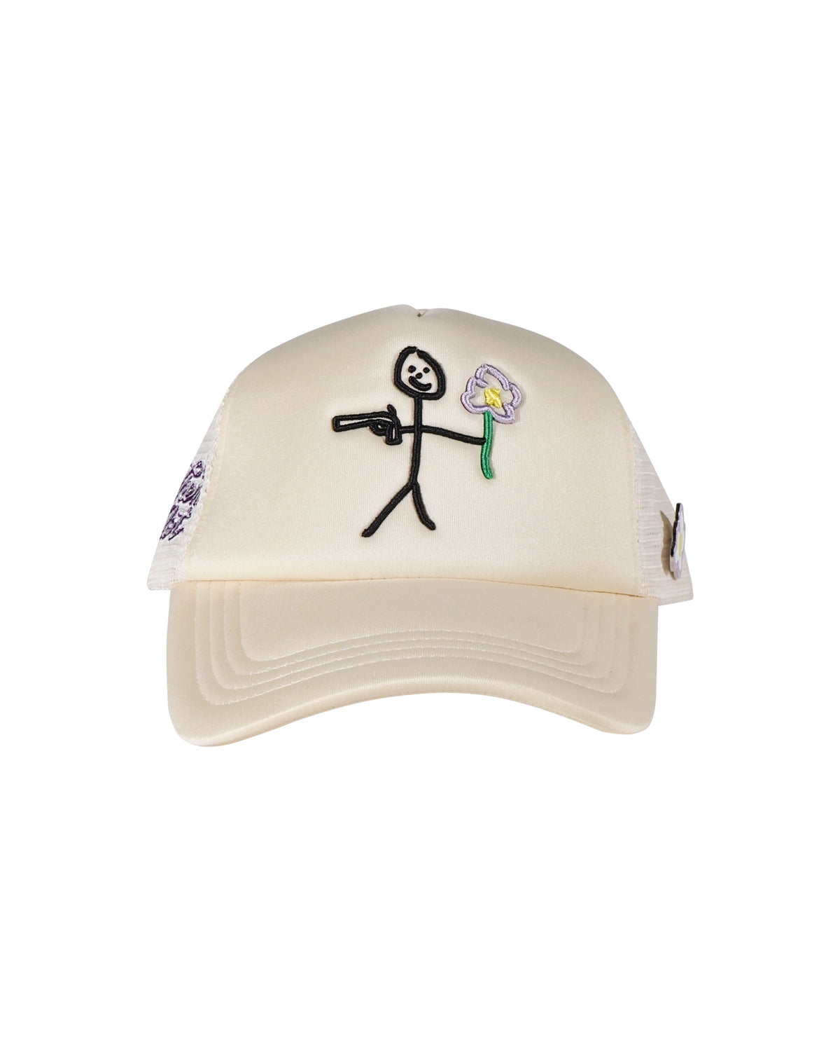 Cream trucker cap front view with embroidered stickman gun and flower logo - tell them why not