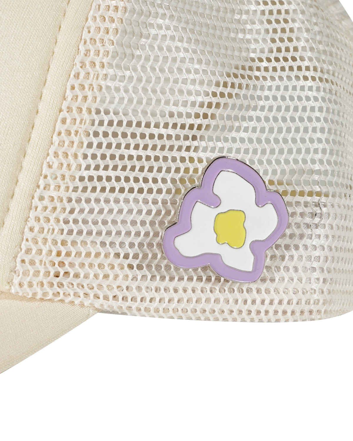 Embroidered stickman logo right side pinsdetail on cream trucker cap - tell them why not