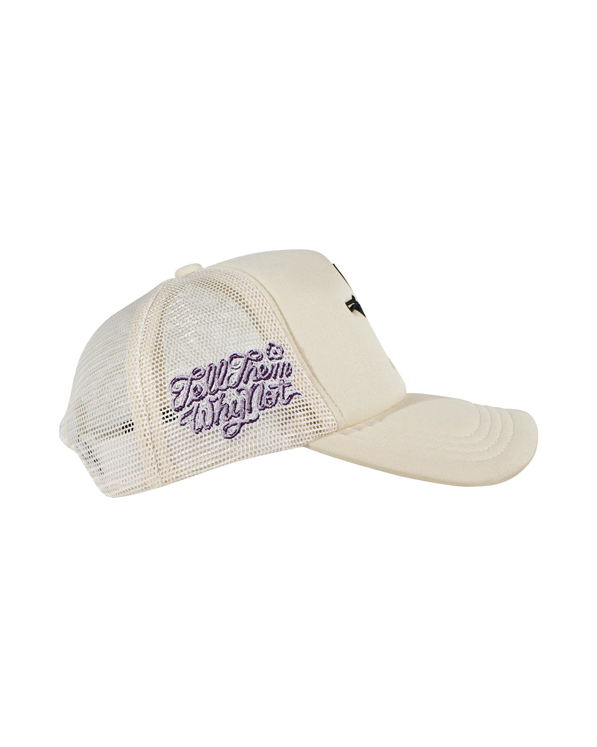 Cream trucker cap left side view with flower pins - tell them why not