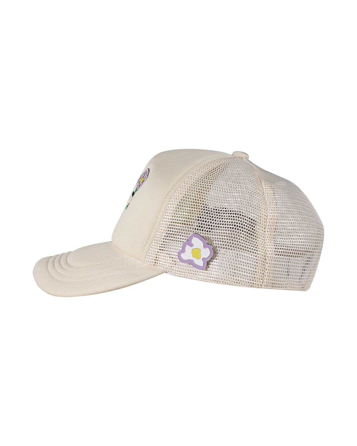 Cream trucker cap right side view with embroidered typography - tell them why not
