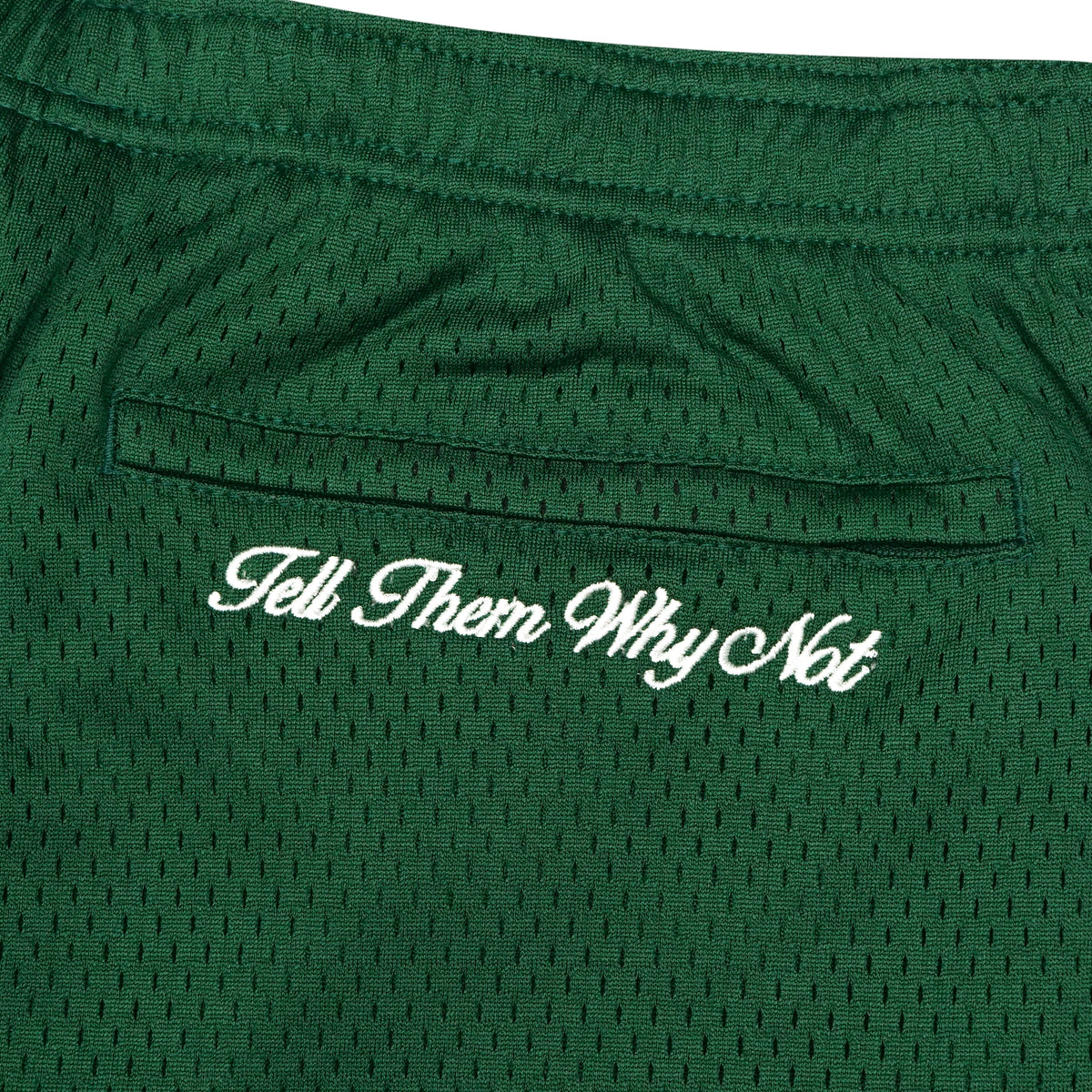 Forest green mesh stickman shorts back embroidery close-up - Tell Them Why Not