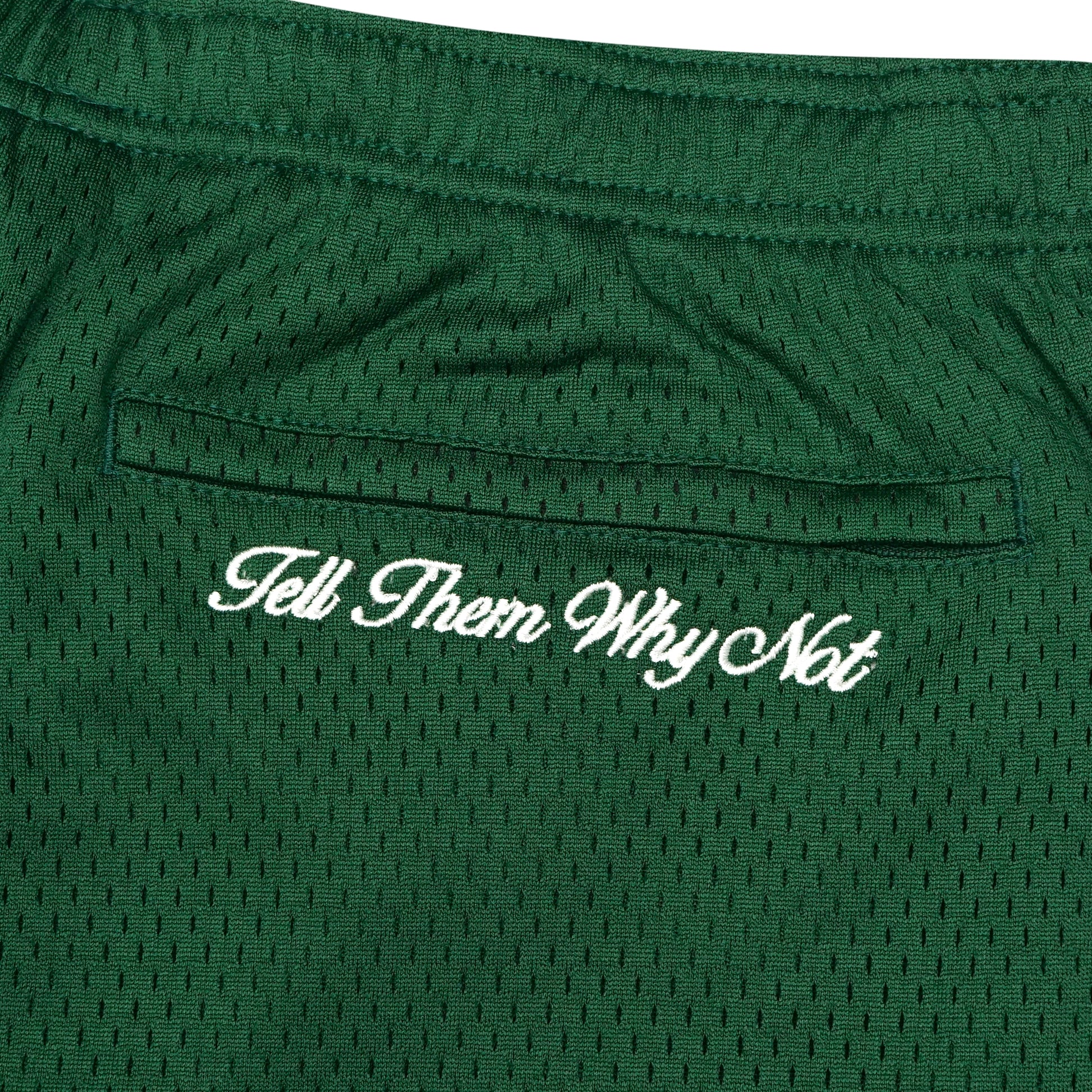 Forest green mesh stickman shorts back embroidery close-up - Tell Them Why Not