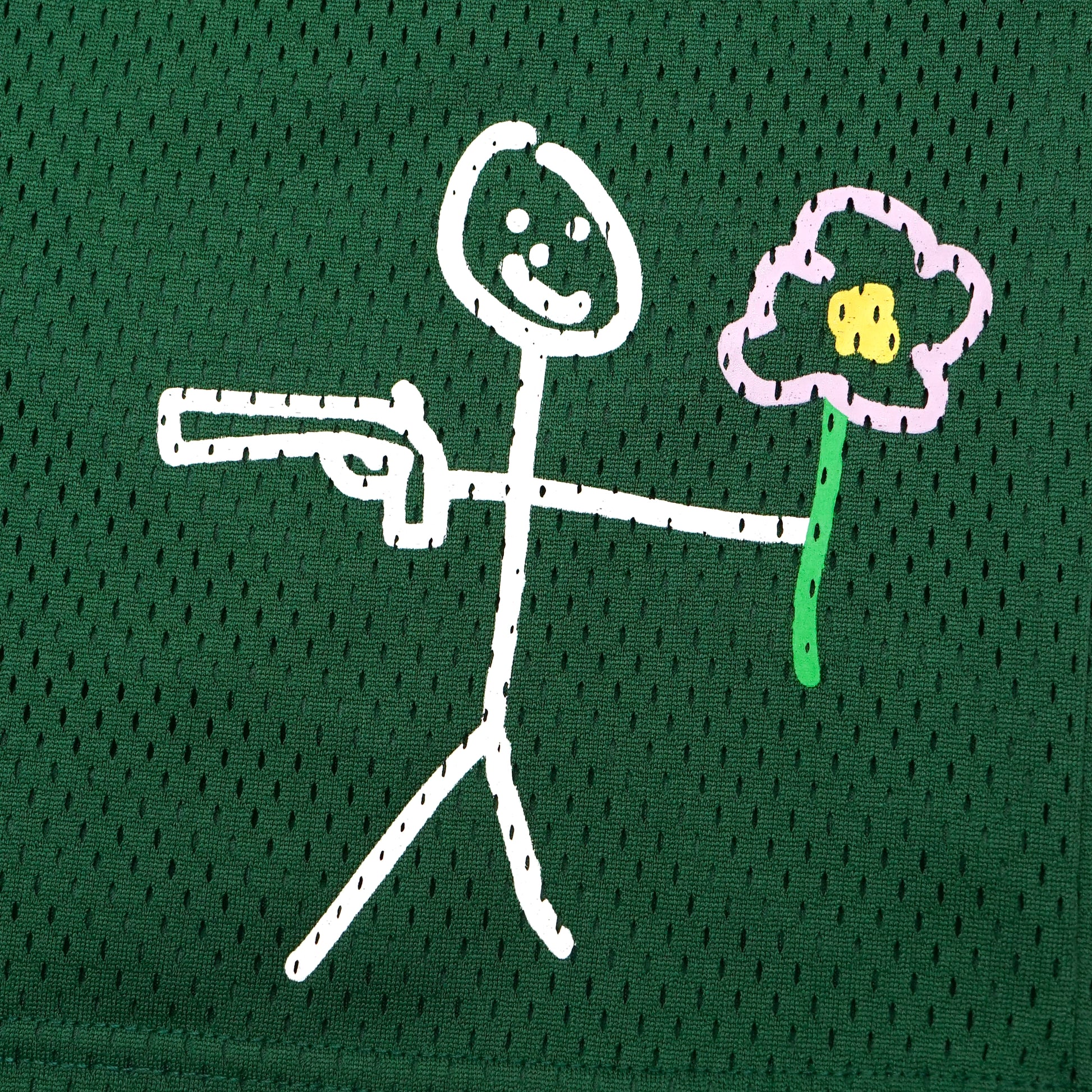 Forest green mesh stickman shorts front screen printing close-up - Tell Them Why Not 