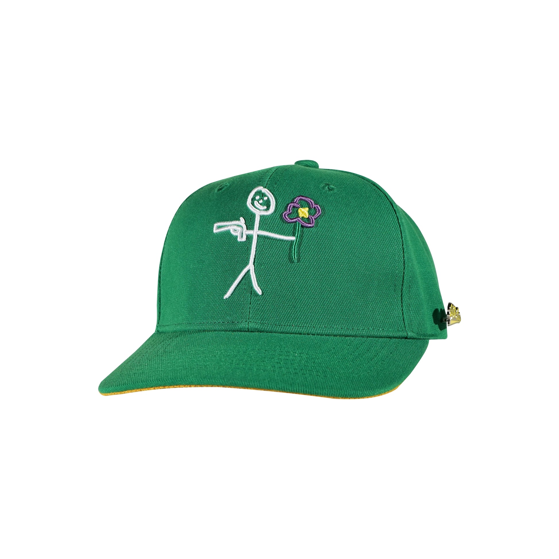 Green snapback cap with embroidered stickman logo three quarter front view - tell them why not