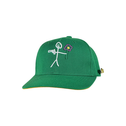 Green snapback cap with embroidered stickman logo three quarter front view - tell them why not