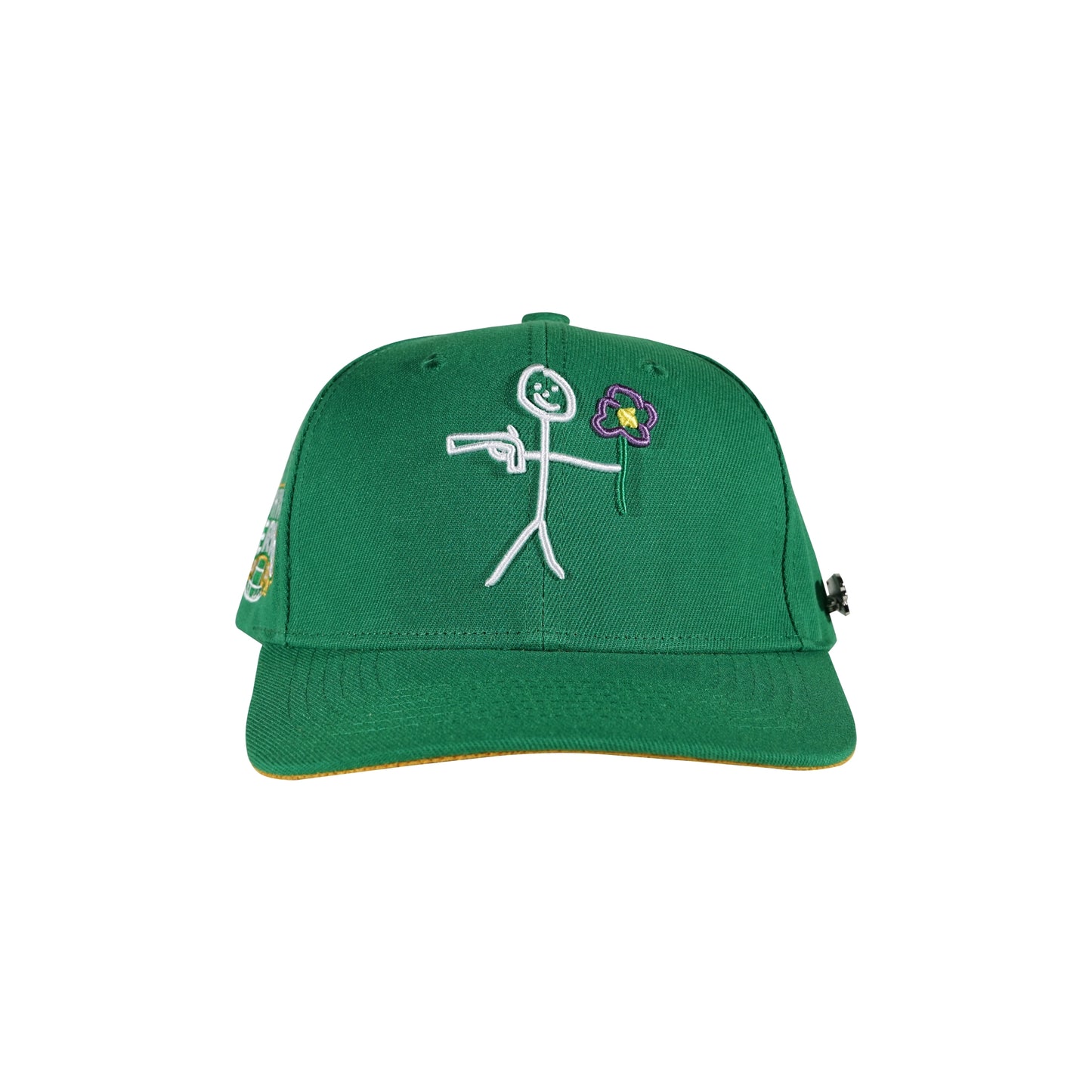 Green snapback cap with embroidered stickman gun and flower logo front view - tell them why not