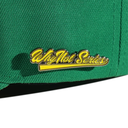 Whynot Series metal pins detail on green snapback cap - tell them why not
