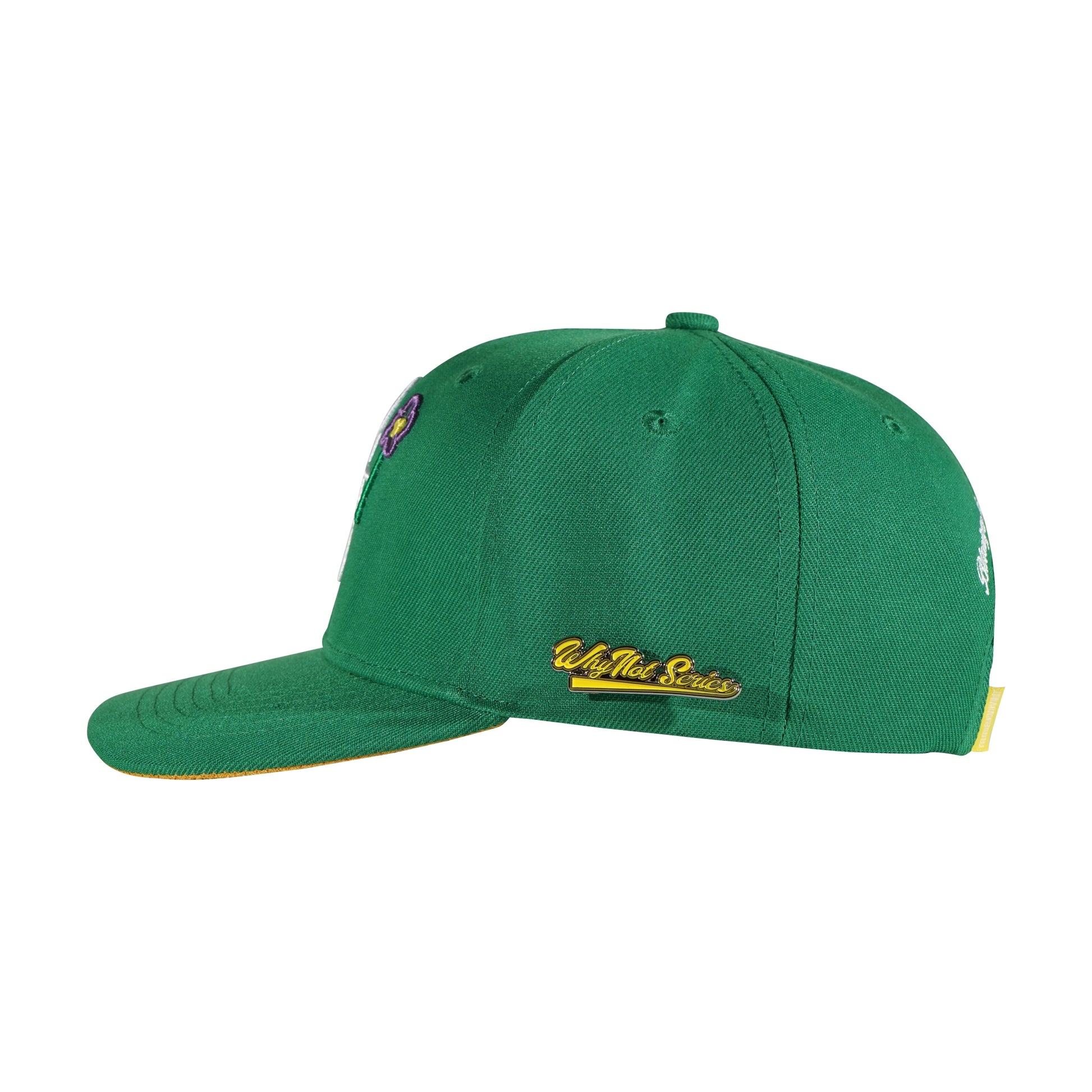 Green snapback cap left side view with Whynot Series pins - tell them why not