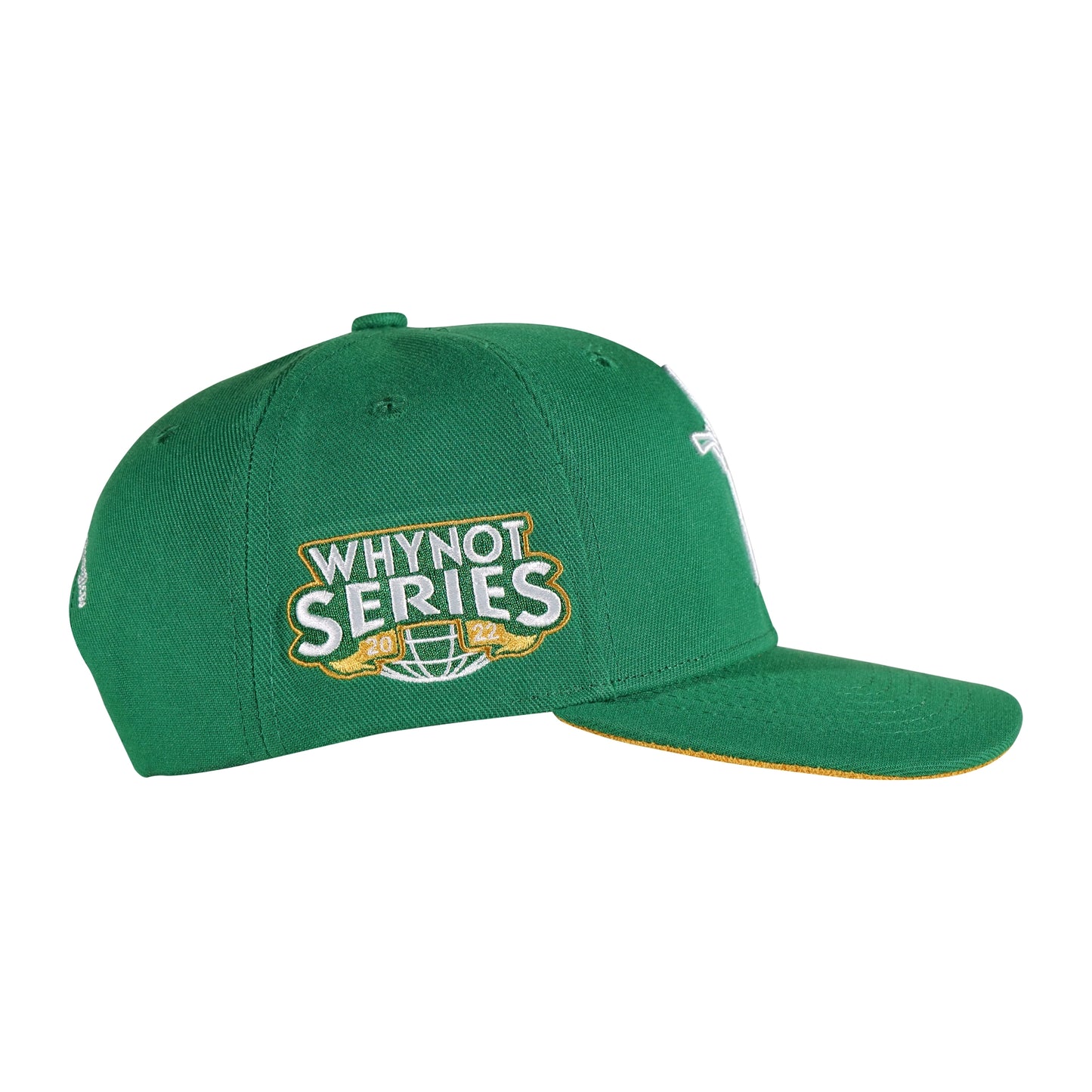 Green snapback cap with Whynot Series side embroidery patch view - tell them why not