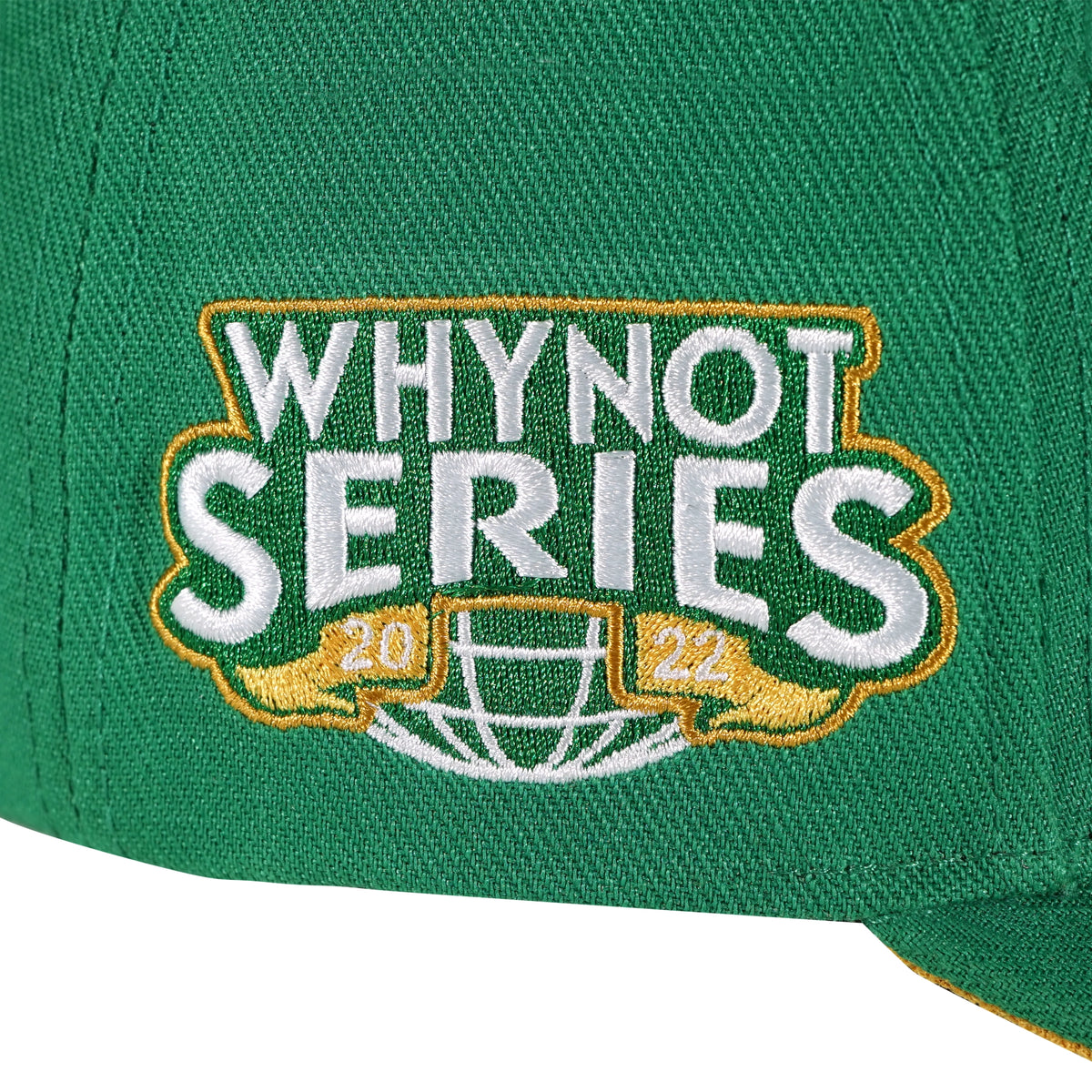 Whynot Series embroidery side detail on green snapback cap - tell them why not