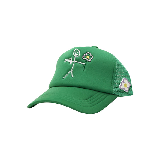 Green trucker cap three quarter front view with embroidered stickman logo