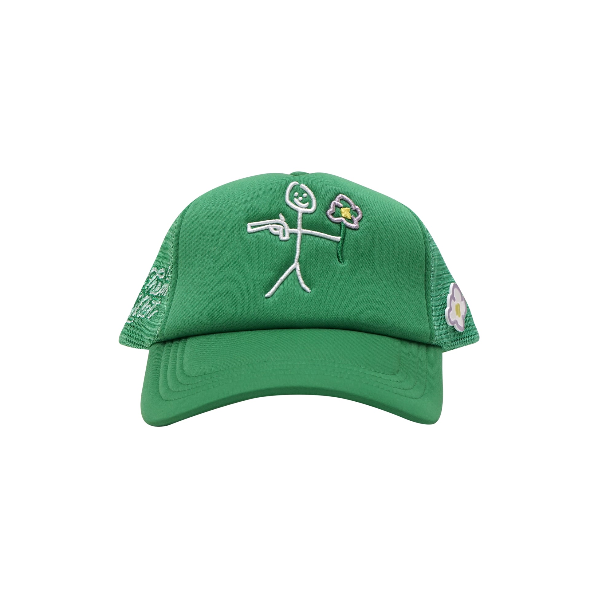 Green trucker cap front view with embroidered stickman gun and flower logo