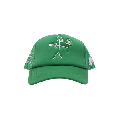 Green trucker cap front view with embroidered stickman gun and flower logo