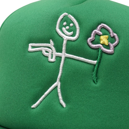 Embroidered stickman gun and flower logo front detail on green trucker cap