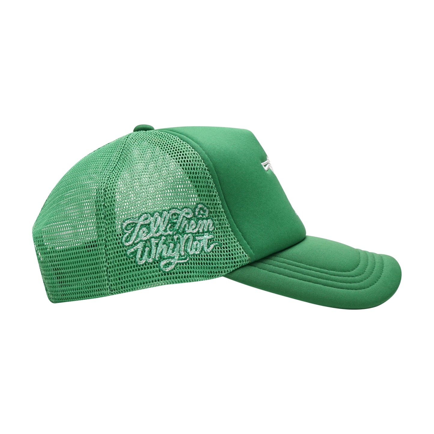 Green trucker cap right side view with embroidered stickman logo & typography