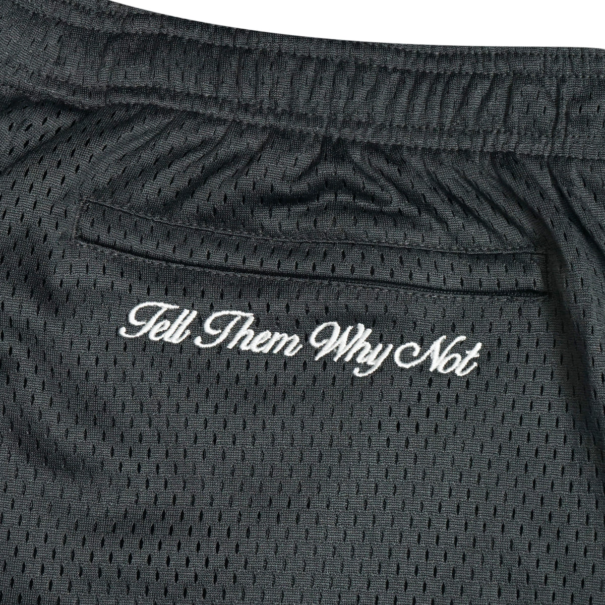 Anthracite grey mesh stickman shorts back embroidery close-up - Tell Them Why Not