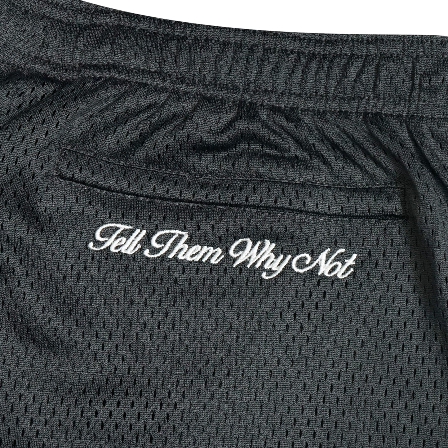 Anthracite grey mesh stickman shorts back embroidery close-up - Tell Them Why Not