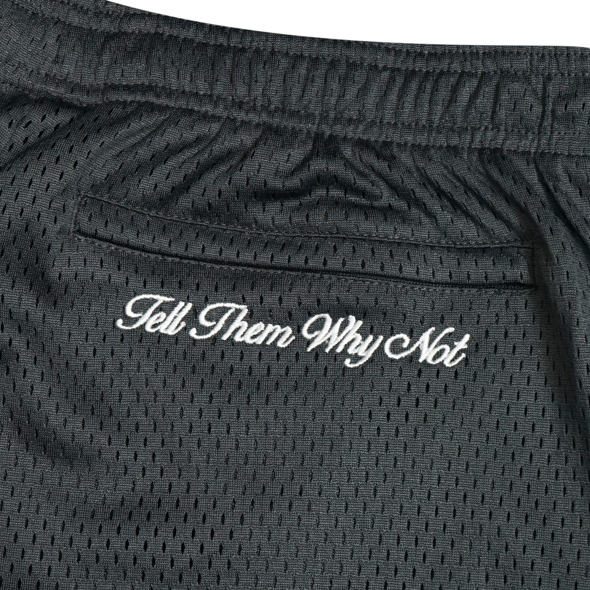 Anthracite grey mesh stickman shorts back embroidery close-up - Tell Them Why Not