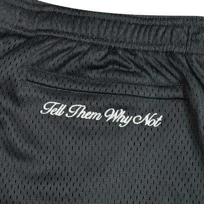 Anthracite grey mesh stickman shorts back embroidery close-up - Tell Them Why Not