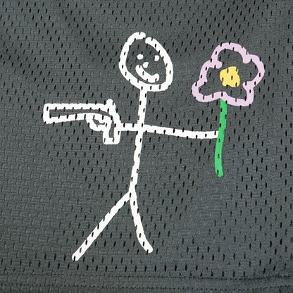 Anthracite grey mesh stickman shorts front screen printing close-up - Tell Them Why Not 