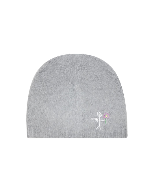 Grey Mohair beanies NY logo embroidery back view - tell them why not