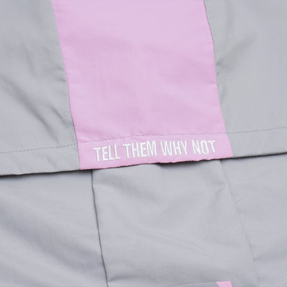 Grey nylon jacket Whynot Series embroidery detail - tell them why not