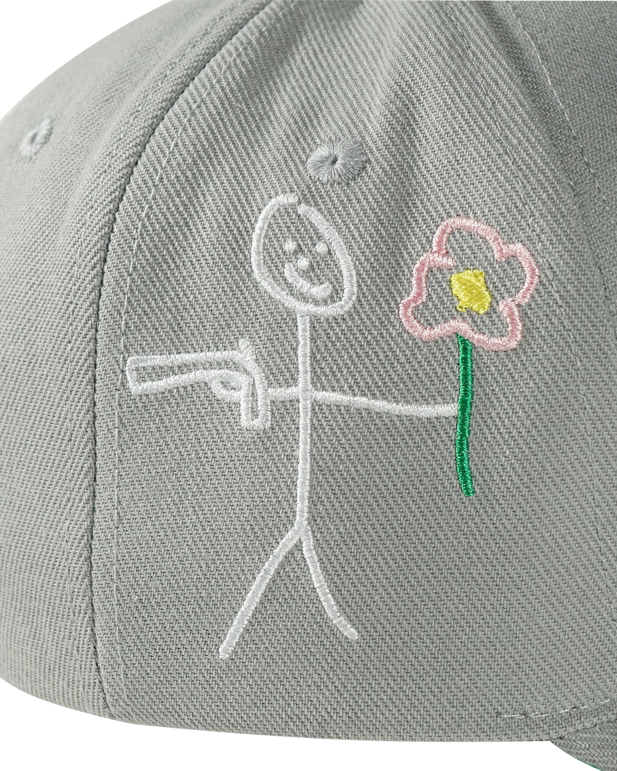 Embroidered stickman logo side detail on grey snapback cap - tell them why not