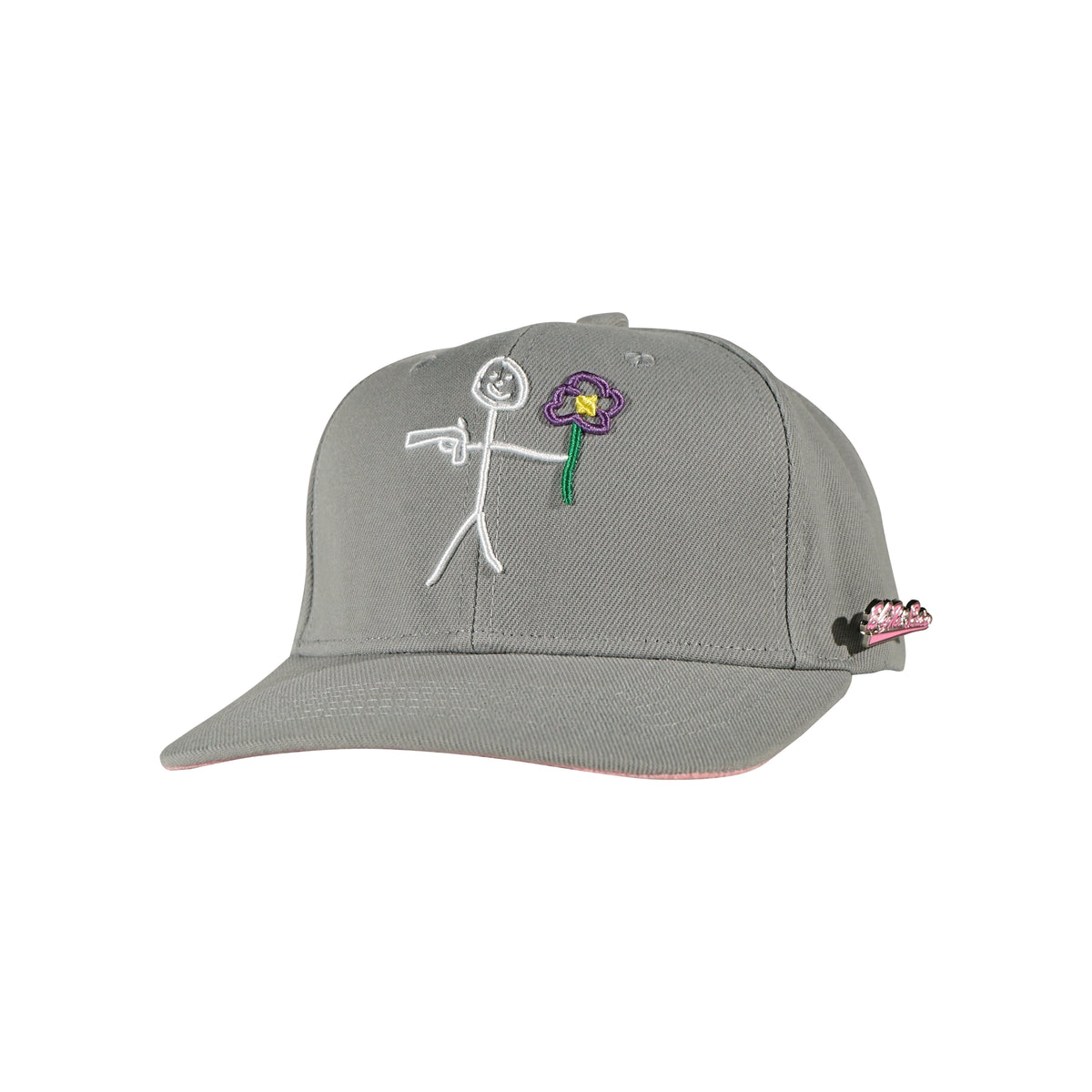 Grey snapback cap with embroidered stickman logo three quarter front view - tell them why not