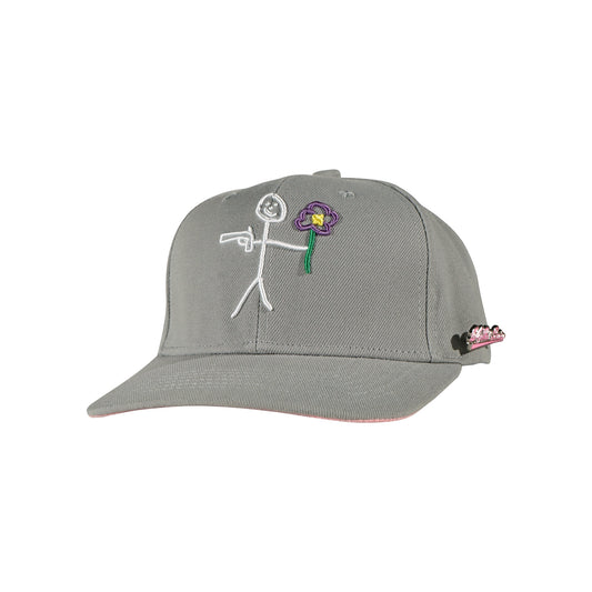 Grey snapback cap with embroidered stickman logo three quarter front view - tell them why not