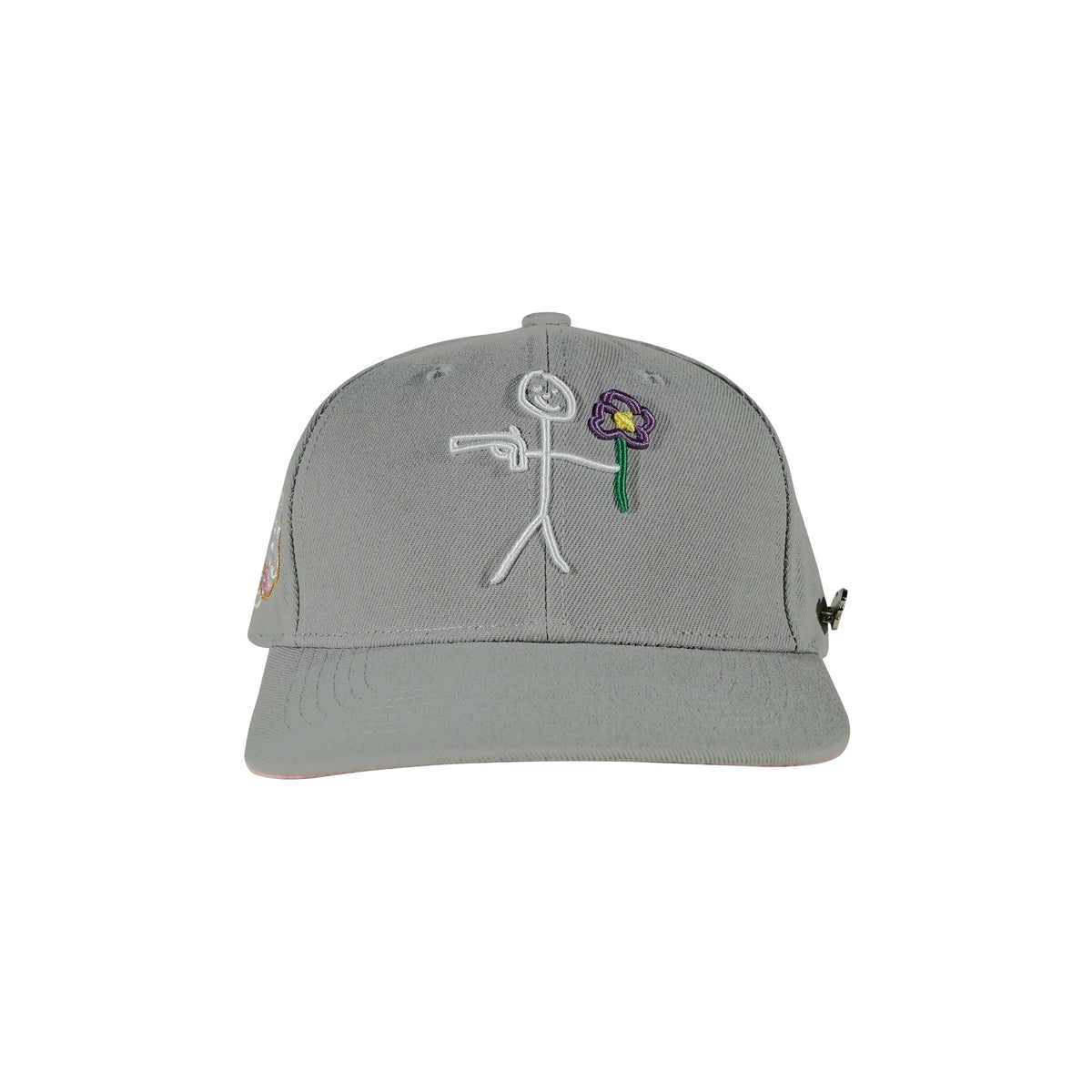 Grey snapback cap with embroidered stickman gun and flower logo front view - tell them why not