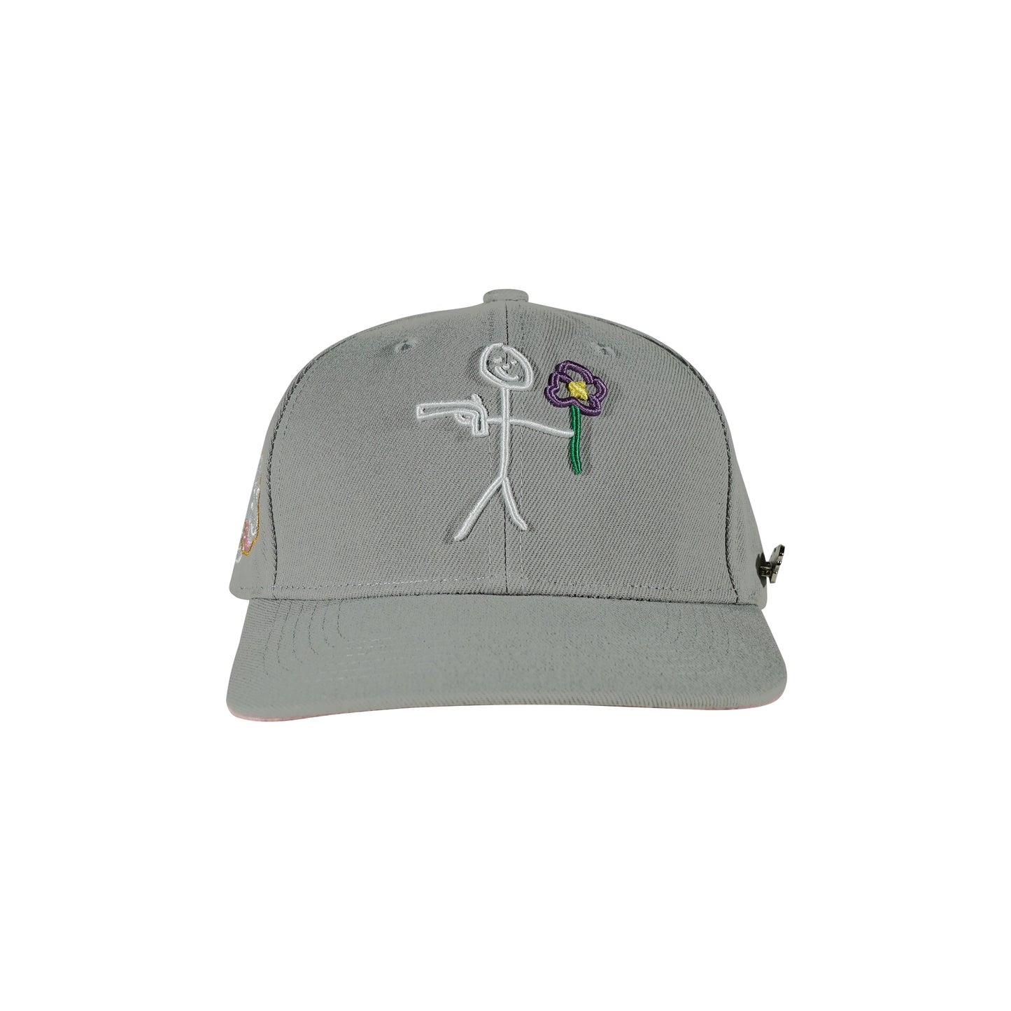 Grey snapback cap with embroidered stickman gun and flower logo front view - tell them why not