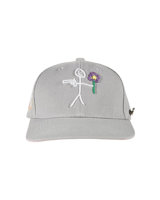 Grey snapback cap with embroidered stickman gun and flower logo front view - tell them why not