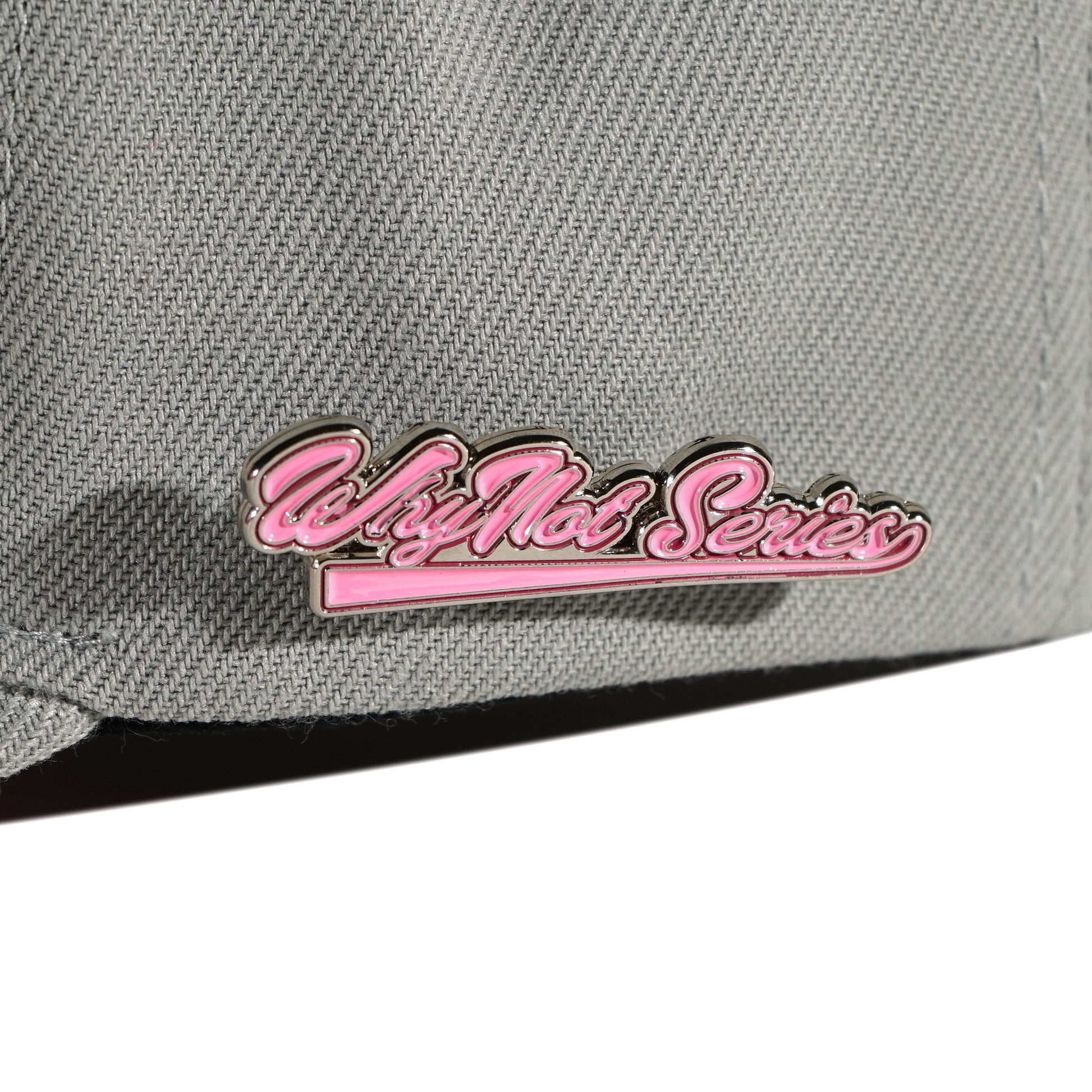 Whynot Series metal pins detail on grey snapback cap - tell them why not