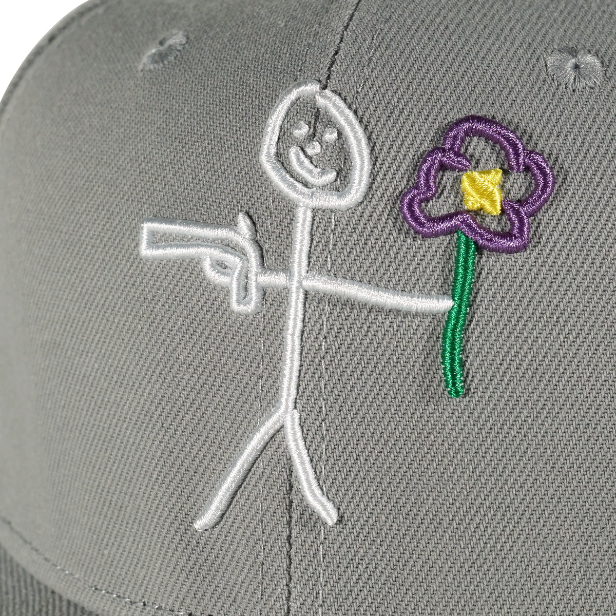 Embroidered stickman logo detail on grey snapback cap - tell them why not