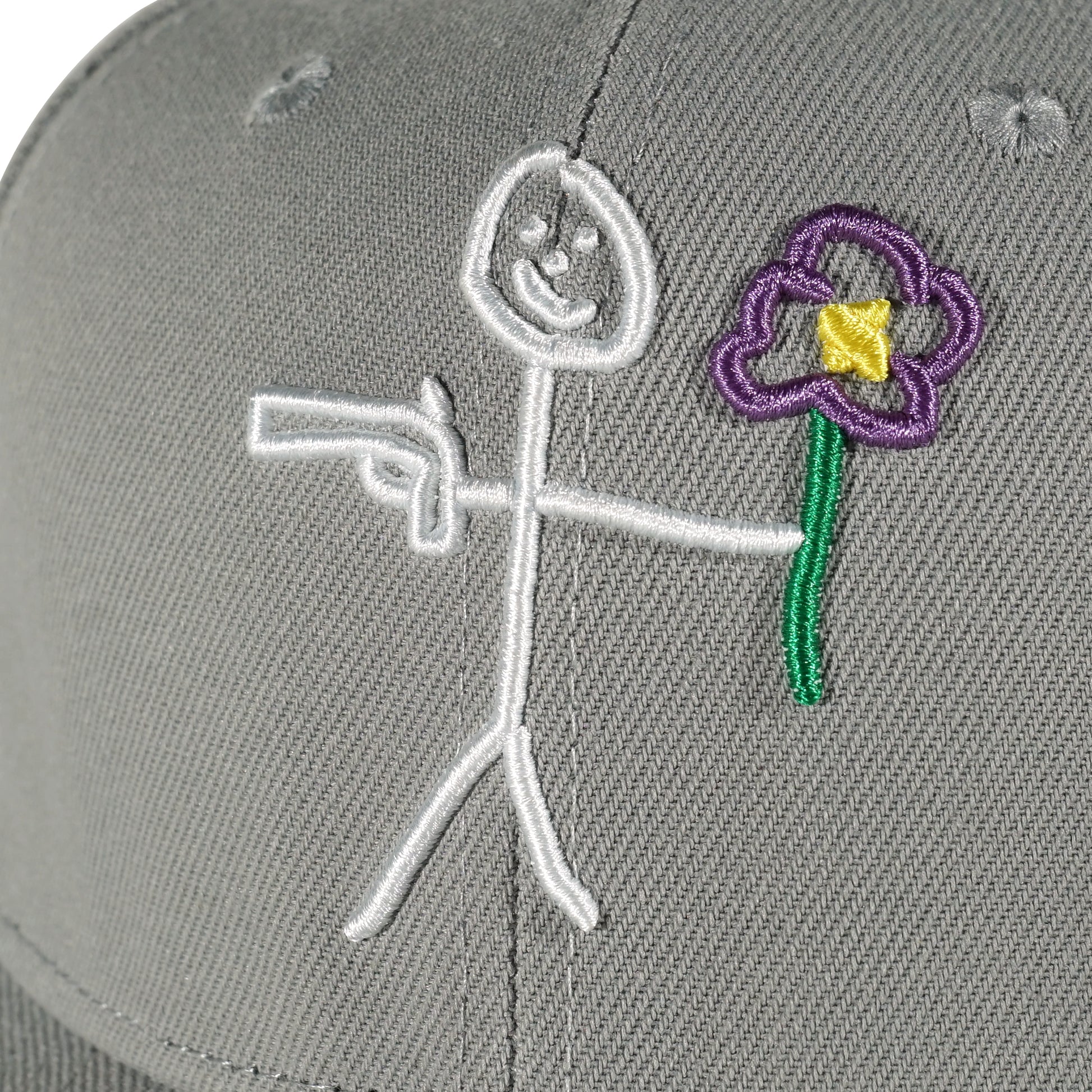 Embroidered stickman logo detail on grey snapback cap - tell them why not
