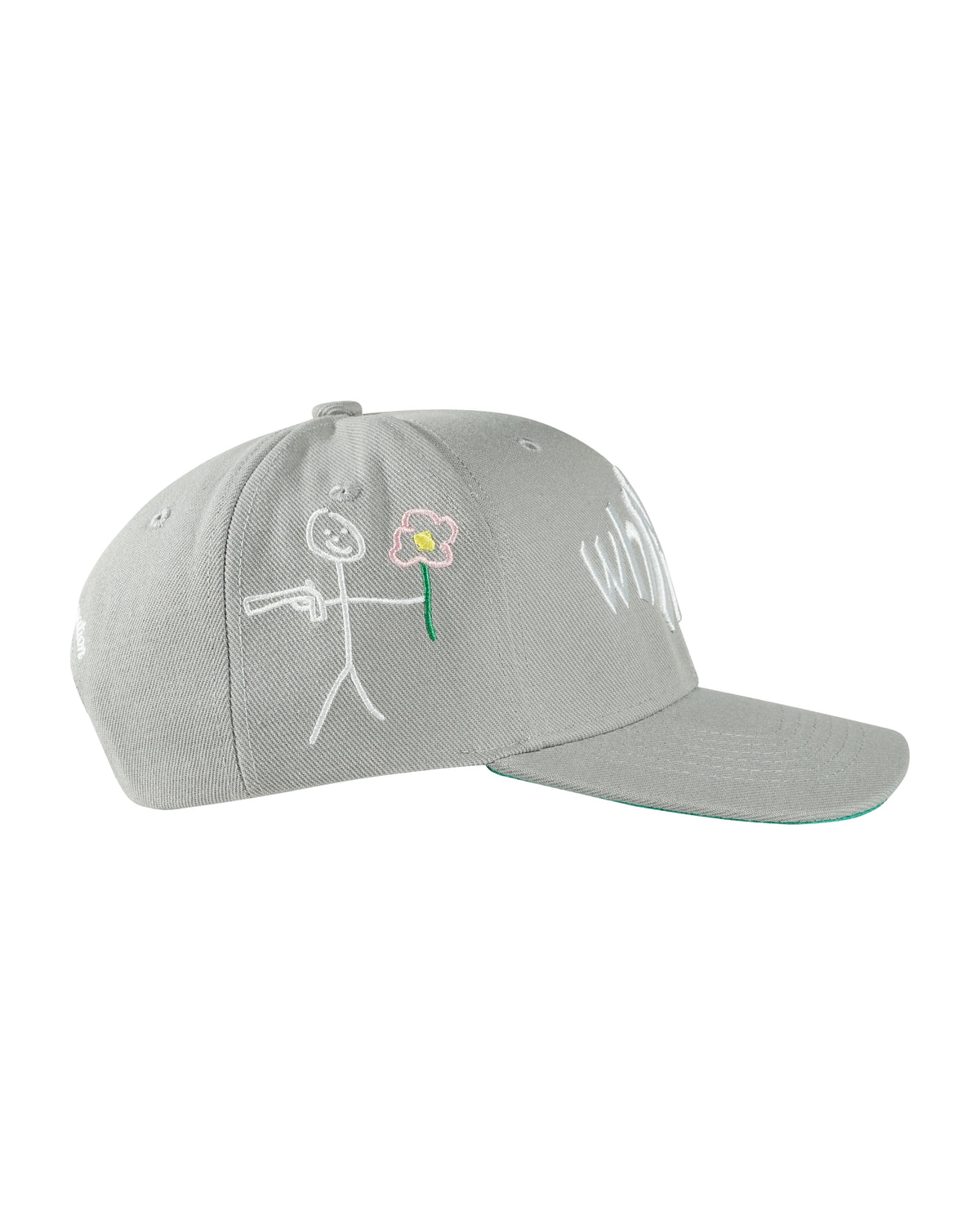 Grey snapback cap right side showing embroidered stickman logo - tell them why not